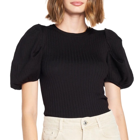 En Saison Boho Minimalist Black Ribbed Puff Sleeve Sweater Size XL - Picture 1 of 4